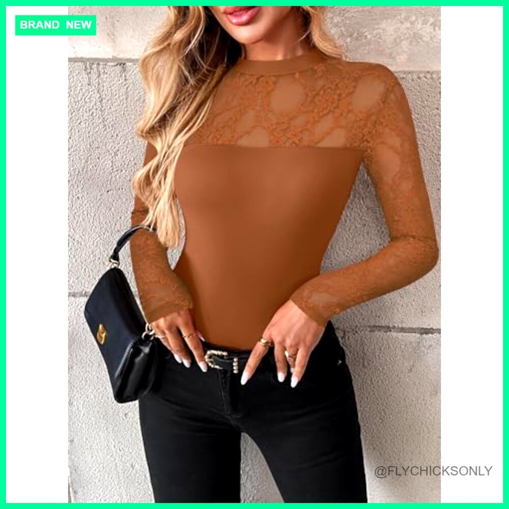 Long Sleeve Lace Mesh Blouse Sheer Tops Women's Fitted Crew Neck - Picture 2 of 7